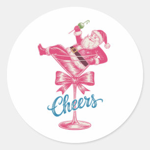 Sticker Rond Verre à cocktail de Noël Santa Cheers Vintage Xmas
