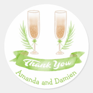Sticker Rond Verres à vin Merci Watercolor Vert Mariage