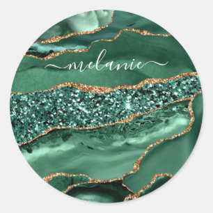 Sticker Rond Vert Agate Or Pailleté Geode Marbre Votre Nom