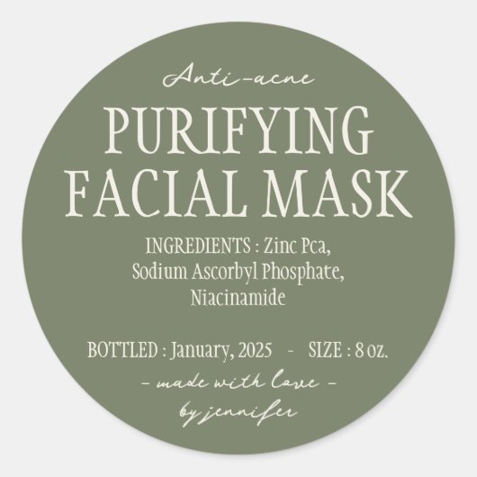 Sticker Rond Vert Anti acné purifiant masque facial Ingrédients (Devant)