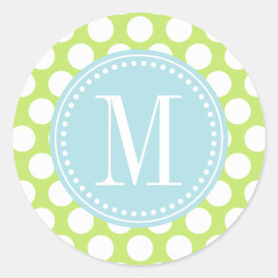 Sticker Rond Vert & Bébé Bleu Gros Pois Monogramme