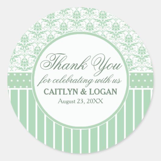 Sticker Rond Vert blanc Damas et rayures Mariage Faveur Sceau (Devant)