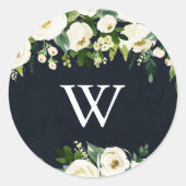 Sticker Rond Vert Blanc Floral Royal Blue Monogram Mariage (Devant)