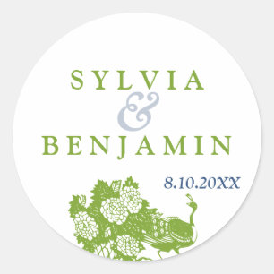 Sticker Rond Vert bleu paon jardin chic mariage faveur phoque