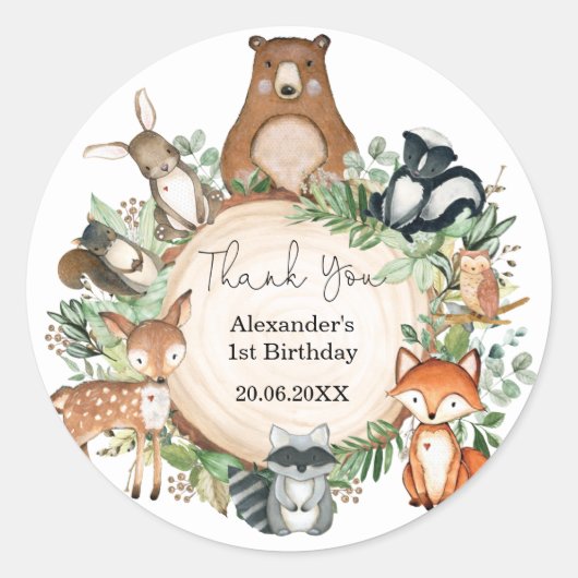Sticker Rond Vert Bois Bébé Animaux Anniversaire Faveurs (Devant)