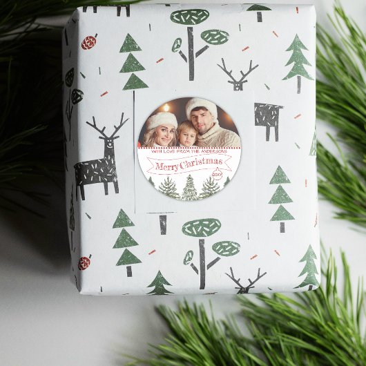 Sticker Rond Vert botanique Rouge vert photo Joyeux Noël