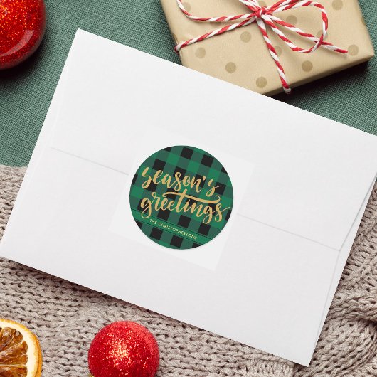 Sticker Rond Vert Buffalo Plaid Or Script BIENVŒUX DE LA SAISON