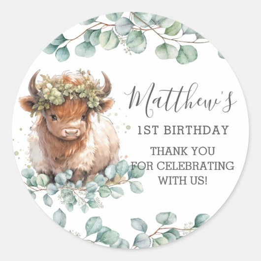 Sticker Rond Vert chic Cute Highland Vache Merci Favoriser (Devant)