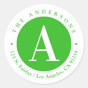 Sticker Rond Vert et blanc Adresse de retour du monogramme