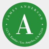 Sticker Rond Vert et blanc | Adresse de retour du monogramme (Devant)