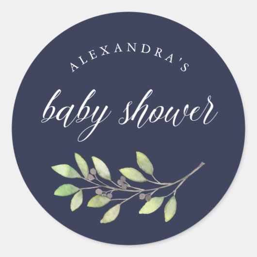 Sticker Rond Vert feuilles | Aquarelle Baby shower bleu foncé (Devant)