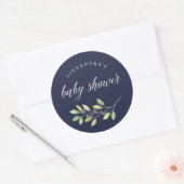 Sticker Rond Vert feuilles | Aquarelle Baby shower bleu foncé (Enveloppe)