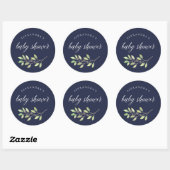 Sticker Rond Vert feuilles | Aquarelle Baby shower bleu foncé (Feuille)