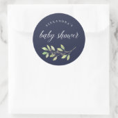 Sticker Rond Vert feuilles | Aquarelle Baby shower bleu foncé (Sac)