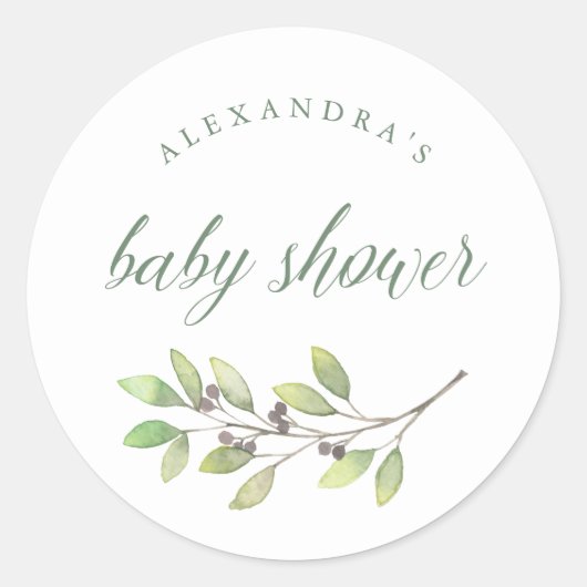 Sticker Rond Vert feuilles | Baby shower aquarelle (Devant)