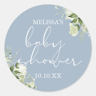 Sticker Rond Vert Floral Dusty Blue Boy Baby shower Favoriser