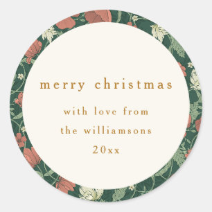 Sticker Rond Vert Floral Rouge Vintage Noël Joyeux Personnalisé