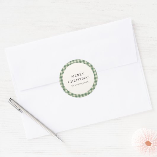 Sticker Rond Vert Gingham Rustique Noël Moderne (Enveloppe)