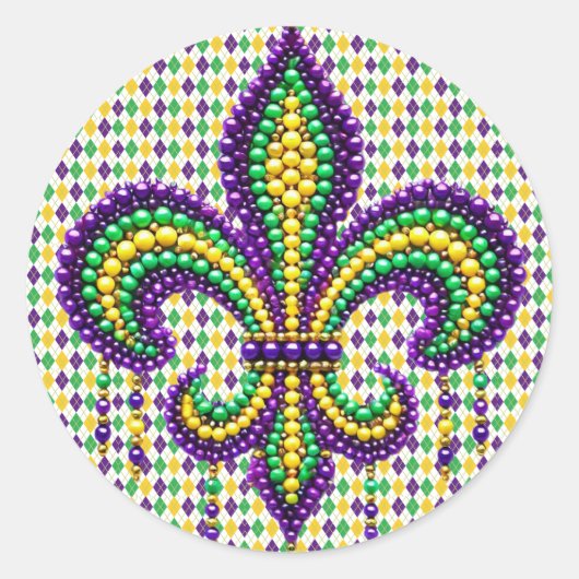 Sticker Rond Vert jaune pourpre Mardi Gras fleur de lis (Devant)