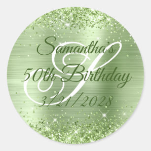 Sticker Rond Vert Menthe Pailleté Anniversaire 50 Ans Feuille d