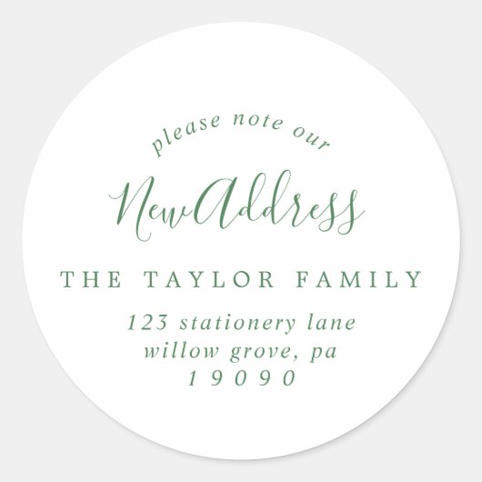 Sticker Rond Vert minimal Veuillez Noter Notre Nouvelle Envelop (Devant)