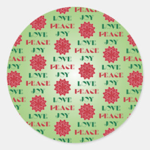 Sticker Rond Vert moderne et rouge Amour, Paix, Joie citation