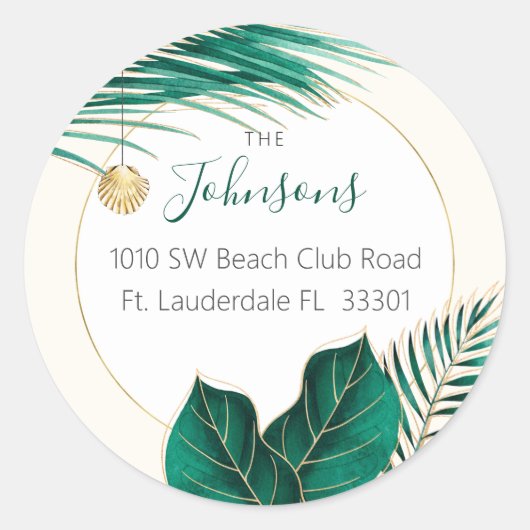 Sticker Rond Vert & Or Aquarelle Verdure Vacances tropicales (Devant)