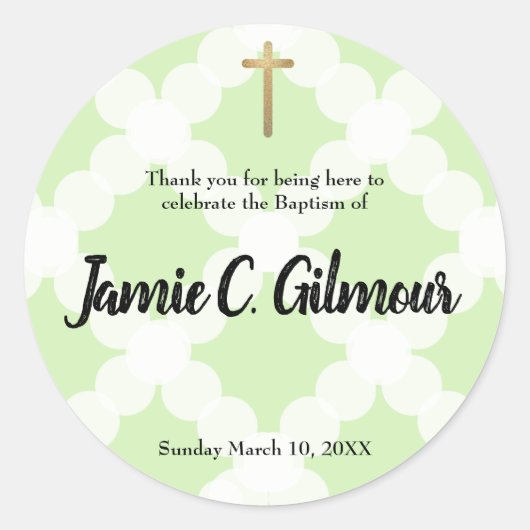 Sticker Rond Vert or élégant bébé baptême merci (Devant)
