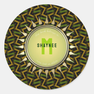 Sticker Rond Vert + Or Moderne Tribal Sun Monogram Plaque d'acc