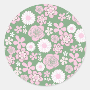 Sticker Rond Vert rose blanc rétro Y2K les années 70 Fleur Moti