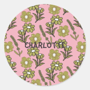 Sticker Rond Vert rose rétro Y2K Funky Hippie Flower Motif