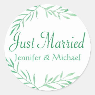 Sticker Rond Vert Rustique Juste Mariés Aquarelle Feuilles, Fou