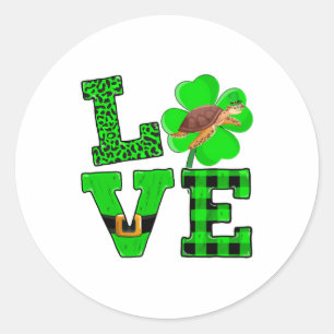 Sticker Rond Vert Shamrock Carreaux Amour Tortue De Mer St Patr
