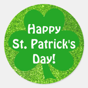 Sticker Rond Vert Shamrock Pailleté Joyeuse Fête de la Saint-Pa