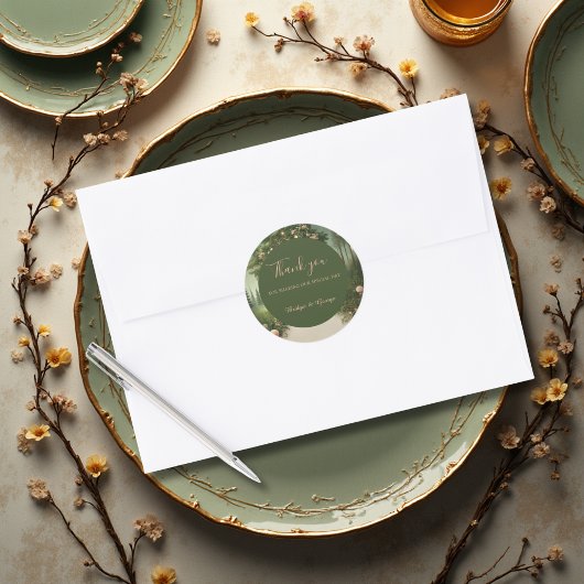 Sticker Rond vert Whimsical Médiéval Forêt Mariage merci