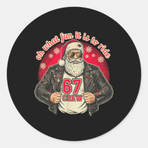 Sticker Rond Veste en cuir de Noël drôle Biker Santa 67 Crew