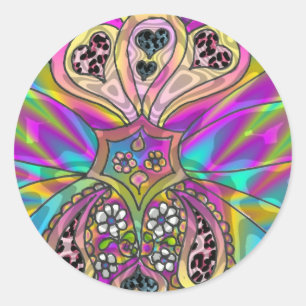 Sticker Rond Vêtements Cadeaux Fleurs Cœurs Psychédéliques Rétr
