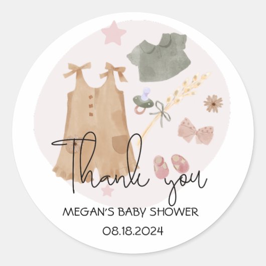Sticker Rond Vêtements simples mignons Merci Baby shower rose (Devant)