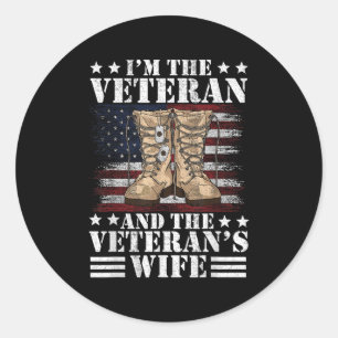 Sticker Rond Vétéran & Femme Fière Épouse américaine Vétéra