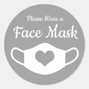 Sticker Rond Veuillez Porter un Masque Facial Cœur Gris et Blan