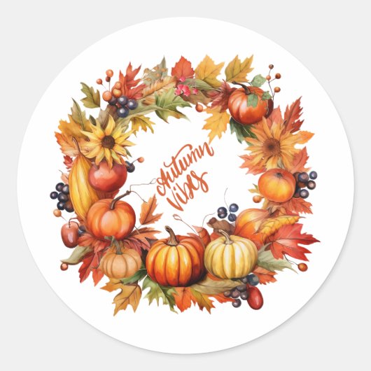 Sticker Rond Vibes d'automne Colorée Citrouille et Berry Wreath (Devant)