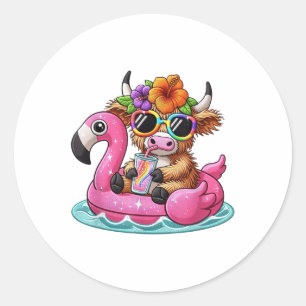 Sticker Rond Vibes de plage Doux été mignonne Vache de haute-te