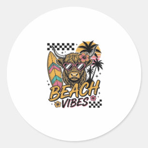 Sticker Rond Vibes de plage vache highland été art vectoriel_1