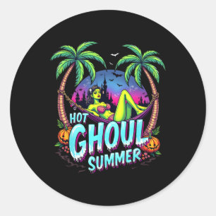 Sticker Rond Vibes de Summerween drôle de squelette d'été chaud