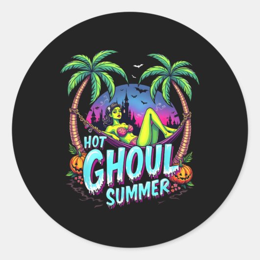 Sticker Rond Vibes de Summerween drôle de squelette d'été chaud (Devant)