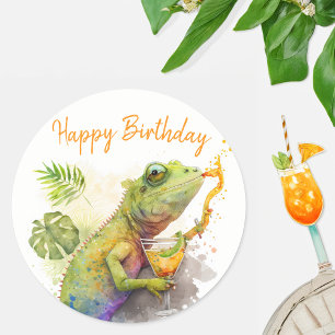 Sticker Rond Vibes d'été Aquarelle Chameleon - Joyeux anniversa