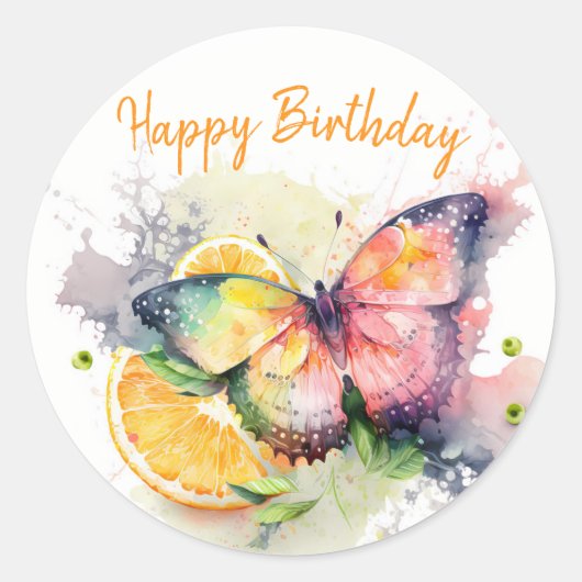 Sticker Rond Vibes d'été Aquarelle papillon - Joyeux anniversai (Devant)