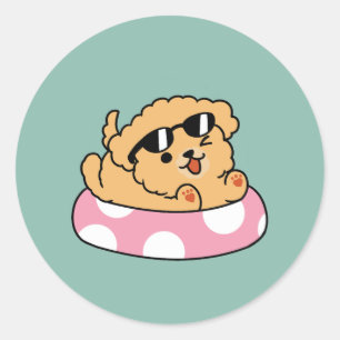 Sticker Rond Vibes d'été Chien - Chiot flottant avec lunettes d