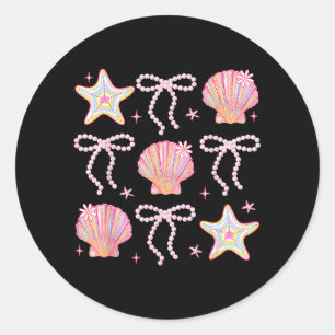 Sticker Rond Vibes d'été Coquette Côtière Rose Coquillage Nœud