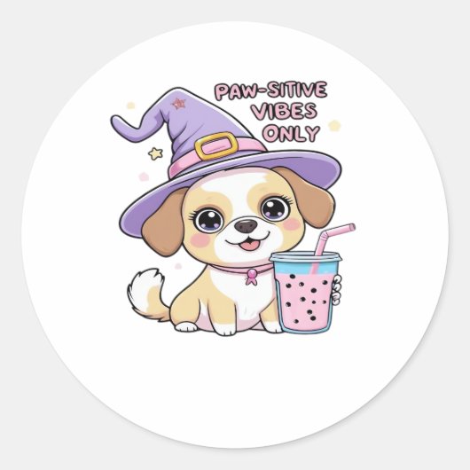 Sticker Rond Vibes Paw-Stive Seulement Chien mignon Avec Bubble (Devant)